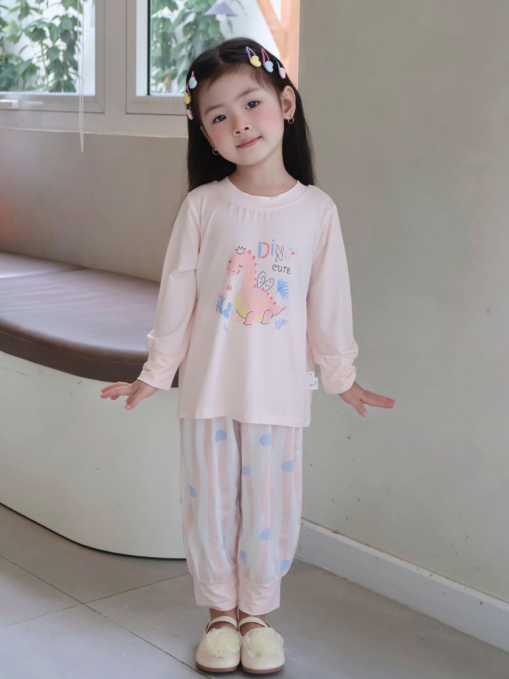  Bộ dài tay cho bé trai gái 95% sợi sồi Modal Ice Cool Lá Homewear A333, đồ ngủ cho bé bo tay chân hình khủng long, kitty 