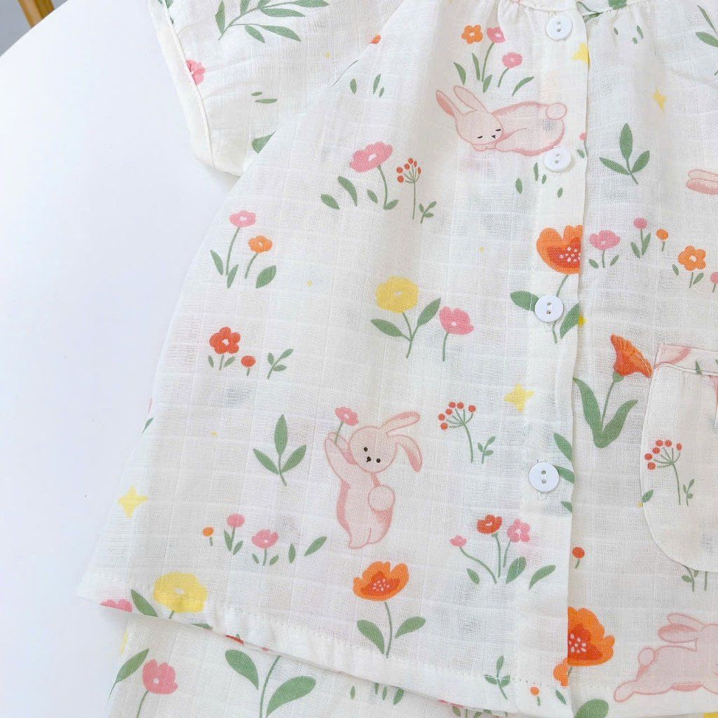  Bộ tay ngắn quần dài xô cotton Lá Homewear A339, đồ ngủ cộc tay bé gái quần bí dễ thương mềm mát 