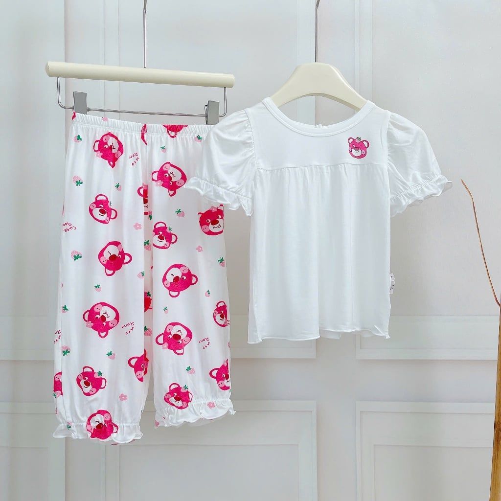  Bộ tay ngắn quần dài bé gái 95% sợi sồi Modal Ice Cool Lá Homewear A310, đồ ngủ cộc tay cho bé quần bí dễ thương melody 