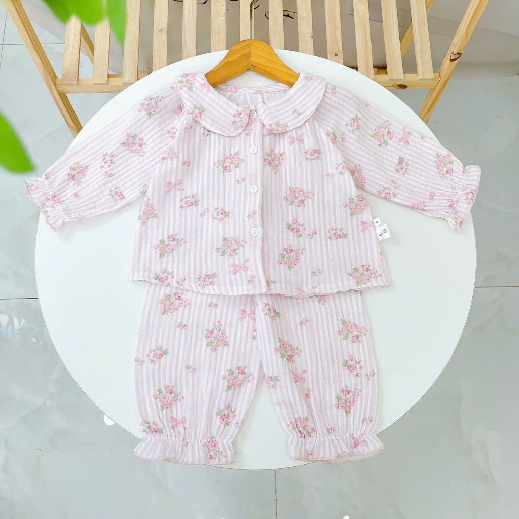  Bộ dài tay cho bé gái xô muslin A338, đồ ngủ cho bé babydoll họa tiết hoa thỏ dễ thương, quần bo chun thoải mái 