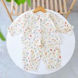  Bộ dài tay cho bé gái xô muslin A338, đồ ngủ cho bé babydoll họa tiết hoa thỏ dễ thương, quần bo chun thoải mái 