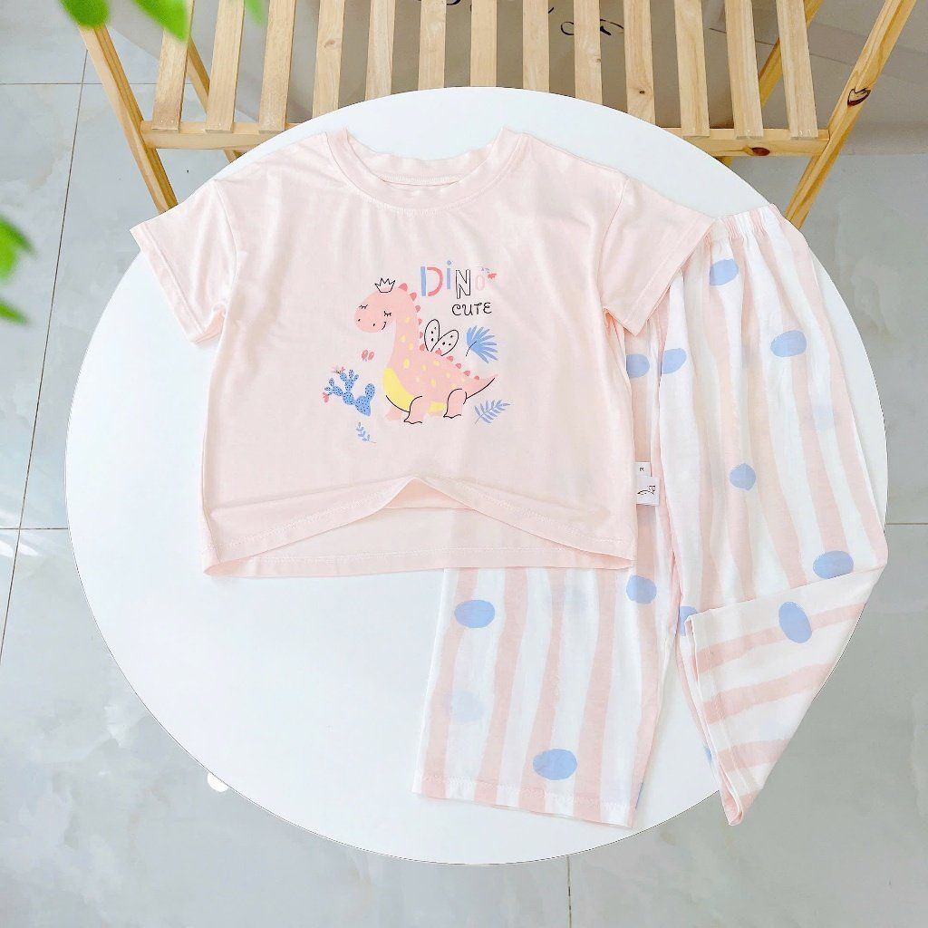  Bộ tay ngắn quần dài cho bé 95% sợi sồi Modal Ice Cool Lá Homewear A331, đồ ngủ cộc tay bé trai gái khủng long kitty 