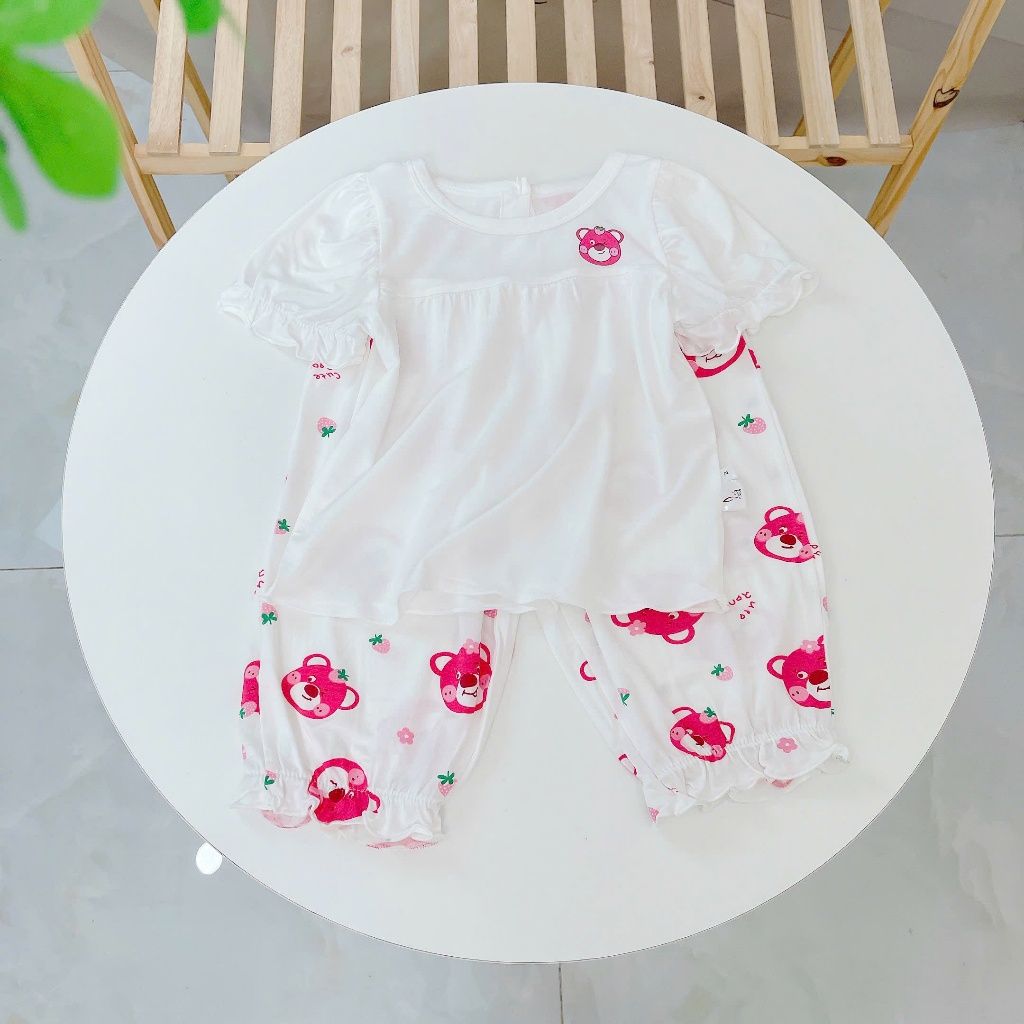  Bộ tay ngắn quần dài bé gái 95% sợi sồi Modal Ice Cool Lá Homewear A310, đồ ngủ cộc tay cho bé quần bí dễ thương melody 