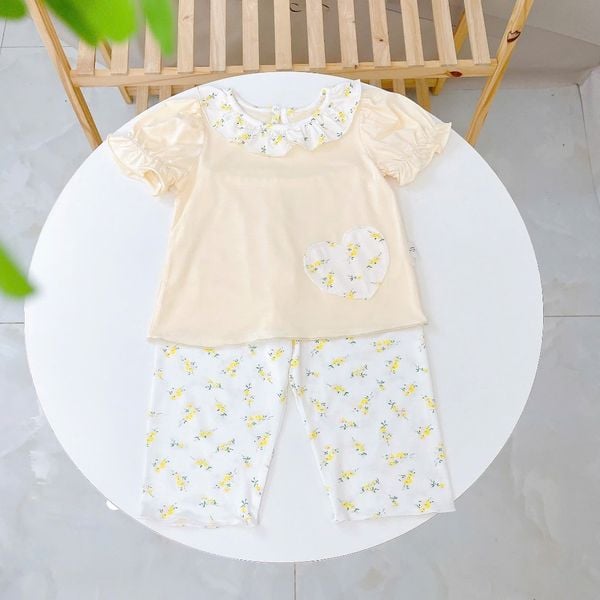  Bộ tay ngắn quần dài cho bé gái 95% sợi sồi Modal Ice Cool Lá Homewear A332, đồ ngủ cộc tay hoa nhí dễ thương 