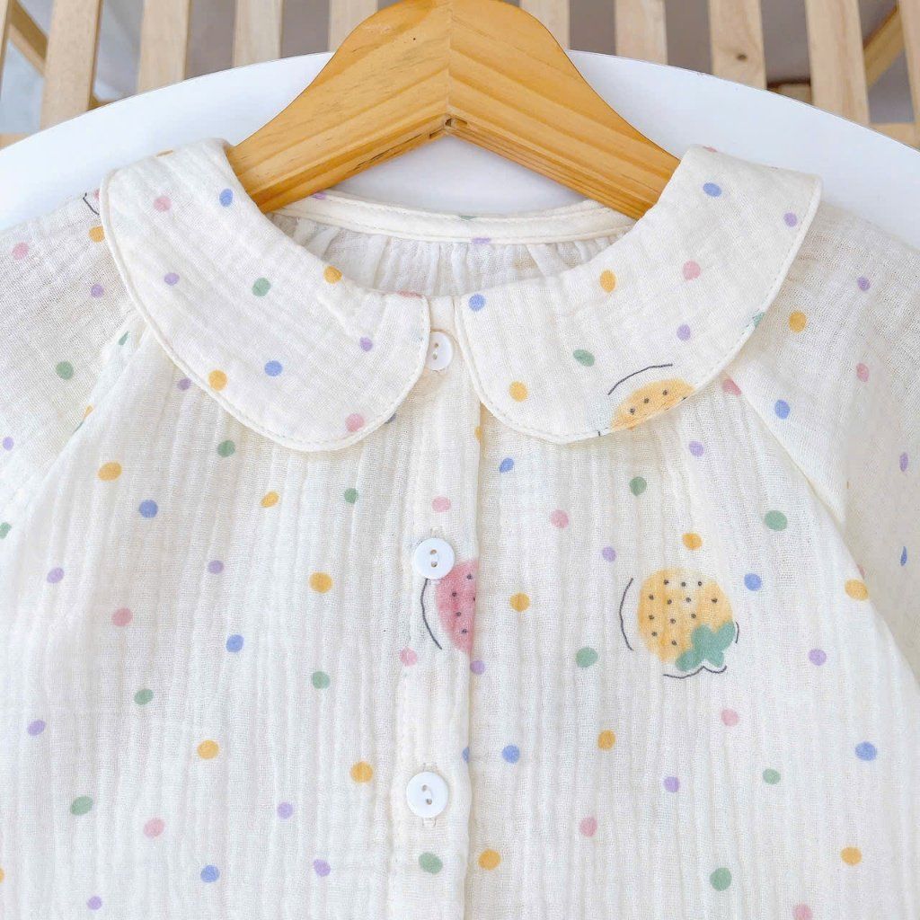  Bộ dài tay cho bé gái xô muslin A338, đồ ngủ cho bé babydoll họa tiết hoa thỏ dễ thương, quần bo chun thoải mái 