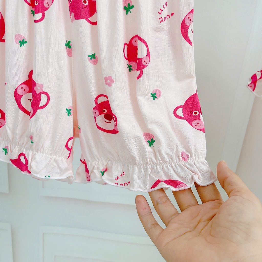  Bộ đùi bé gái 95% sợi sồi Modal Ice Cool Lá Homewear A311, bộ cộc tay bé gái gấu dâu mềm mát lạnh quần bí 