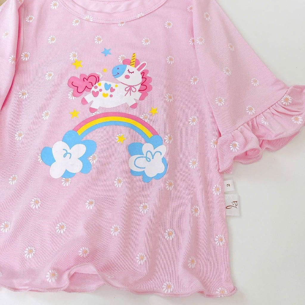  Bộ lửng cho bé gái 95% sợi sồi Modal Ice Cool Áo Lá Homewear A326 họa tiết hoa nhí kỳ lân unicorn melody 