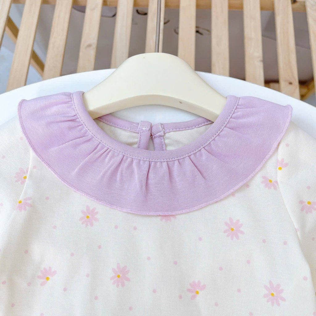  Bộ dài tay bé gái Lá Homewear A348,  đồ dài mặc ngủ cho bé cổ bèo xinh xắn hoa nhí nơ vải Lyocell Cotton mềm mướt 