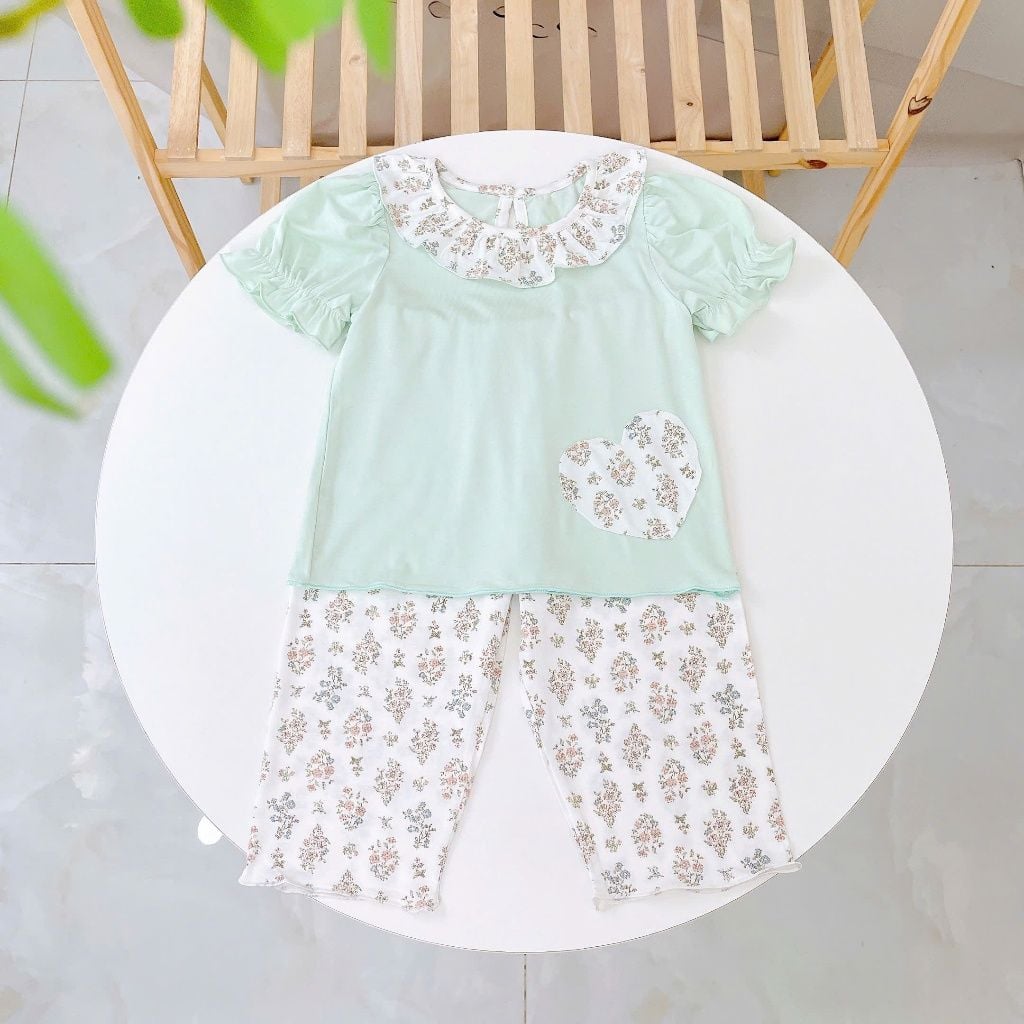  Bộ tay ngắn quần dài cho bé gái 95% sợi sồi Modal Ice Cool Lá Homewear A332, đồ ngủ cộc tay hoa nhí dễ thương 
