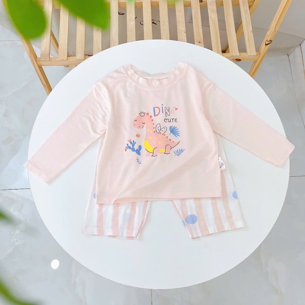  Bộ dài tay cho bé 95% sợi sồi Modal Ice Cool Lá Homewear A376, đồ ngủ mát bé trai gái khủng long kitty dễ thương 