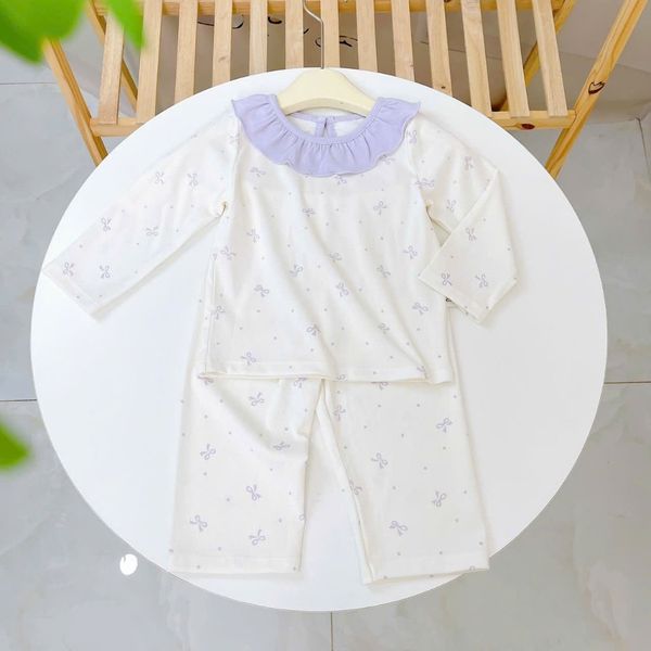  Bộ dài tay bé gái Lá Homewear A348,  đồ dài mặc ngủ cho bé cổ bèo xinh xắn hoa nhí nơ vải Lyocell Cotton mềm mướt 