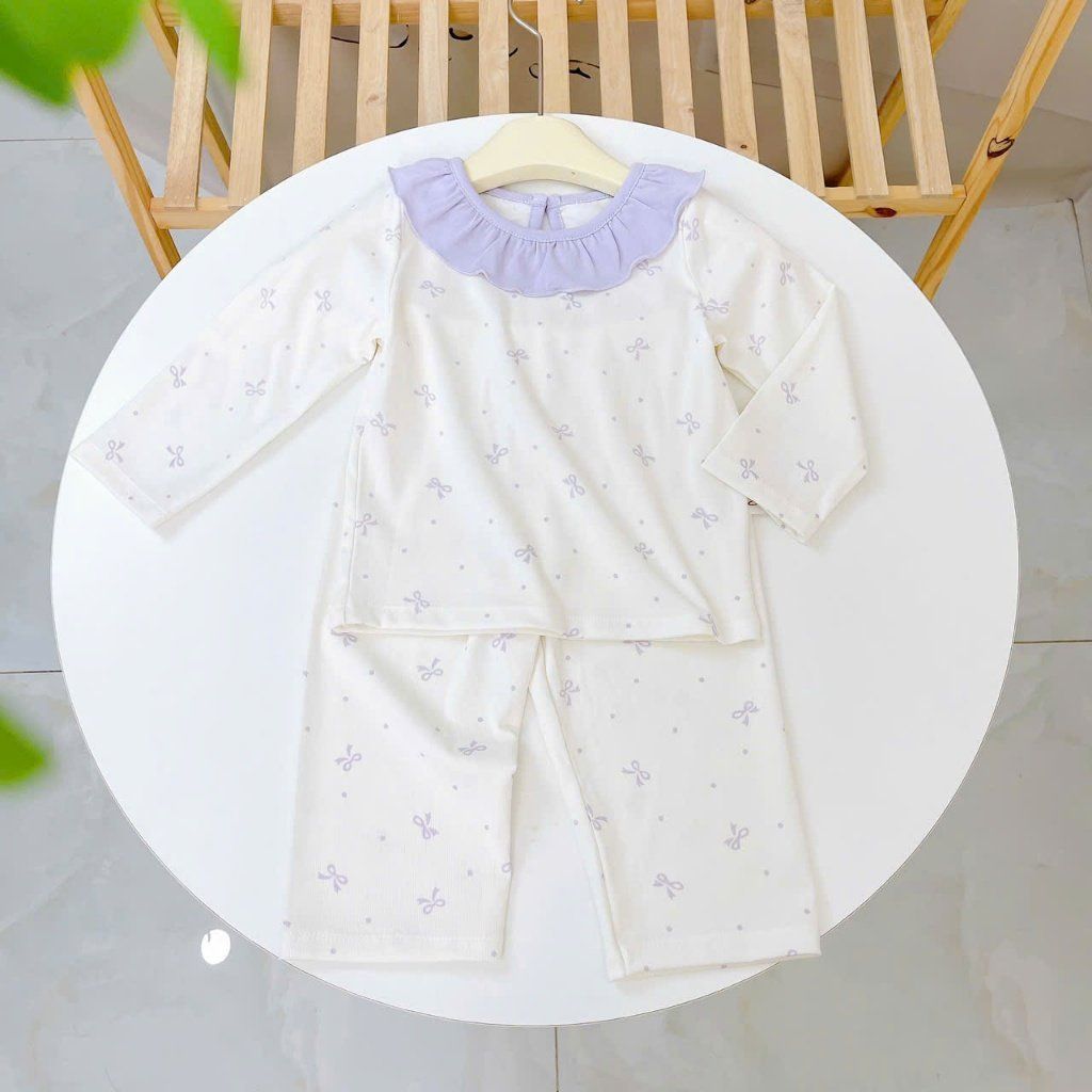  Bộ dài tay bé gái Lá Homewear A348,  đồ dài mặc ngủ cho bé cổ bèo xinh xắn hoa nhí nơ vải Lyocell Cotton mềm mướt 