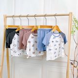  Bộ đùi bé trai 95% sợi sồi Modal Ice Cool Lá Homewear A324, đồ bộ bé trai cộc tay raglan phối hình xe gấu trúc mát 