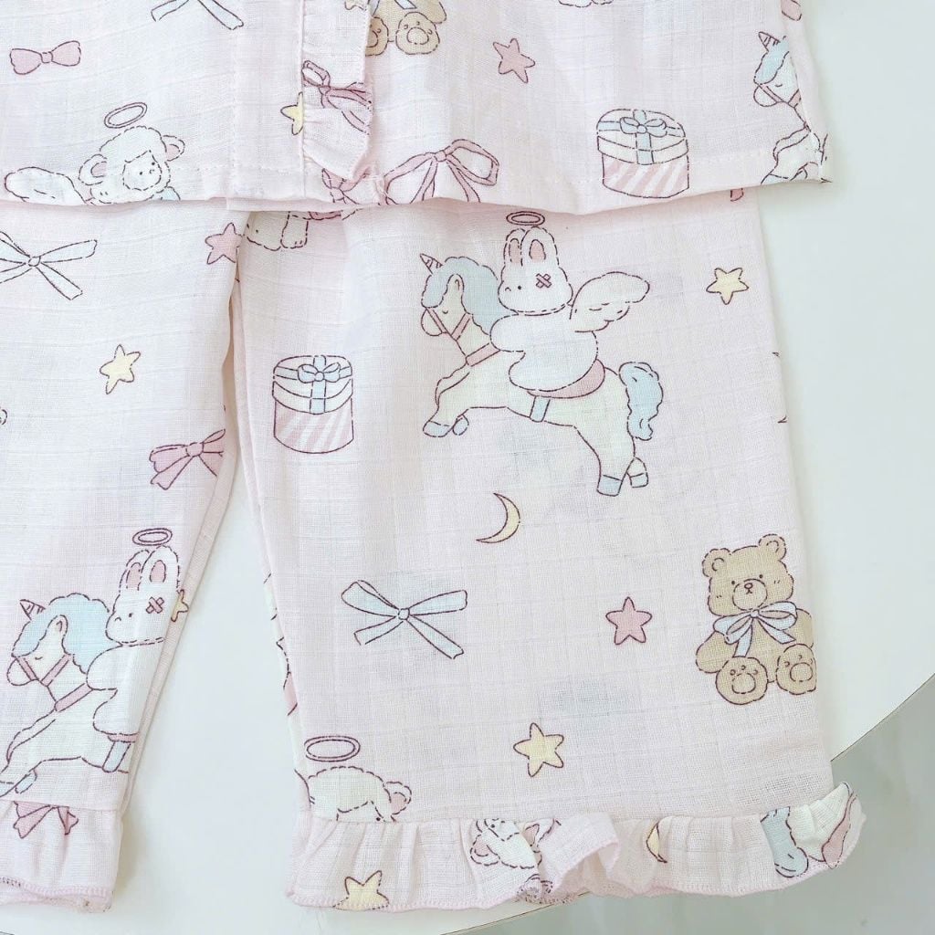  Pijama bé gái xô cotton Lá Homewear A346, bộ dài tay bé gái cổ bèo dễ thương, bộ ngủ mát trẻ em gái 