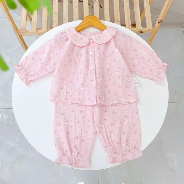  Bộ dài tay cho bé gái xô muslin A338, đồ ngủ cho bé babydoll họa tiết hoa thỏ dễ thương, quần bo chun thoải mái 