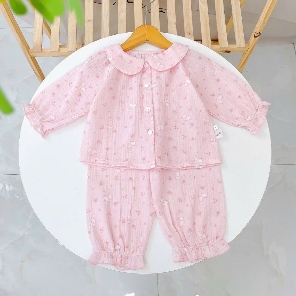  Bộ dài tay cho bé gái xô muslin A338, đồ ngủ cho bé babydoll họa tiết hoa thỏ dễ thương, quần bo chun thoải mái 
