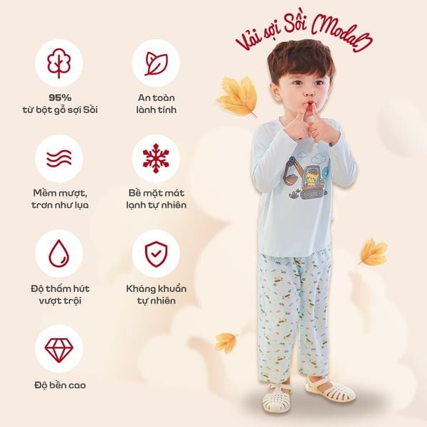  Bộ dài tay sợi Sồi Modal Lá Homewear M11, đồ bộ mặc ngủ cho bé form suông hình unicorn xe monster 