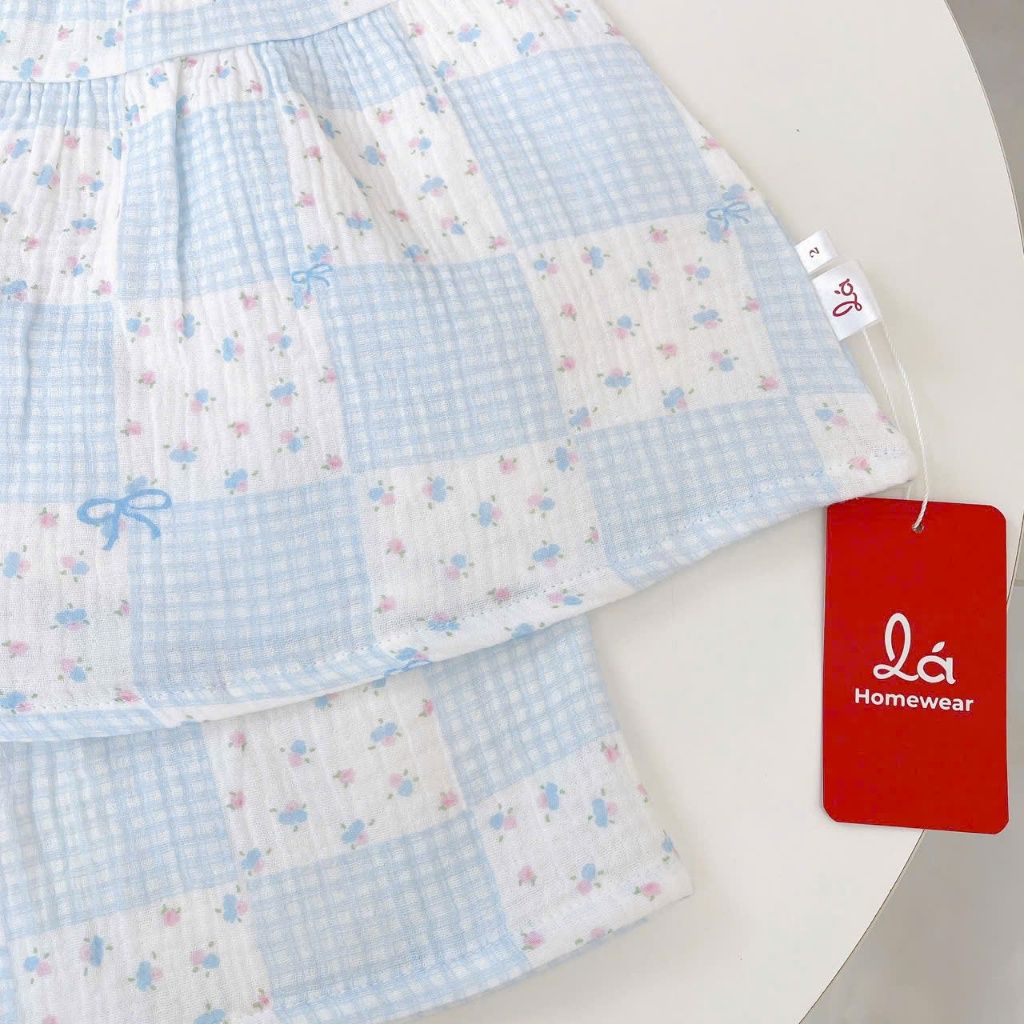  Bộ hai dây bé gái xô muslin XM03 Lá Homewear, đồ bộ mùa hè mát chấm bi 