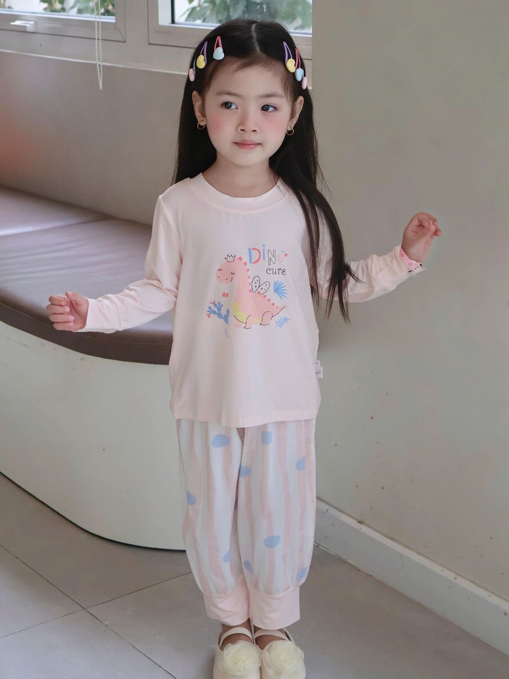  Bộ dài tay cho bé trai gái 95% sợi sồi Modal Ice Cool Lá Homewear A333, đồ ngủ cho bé bo tay chân hình khủng long, kitty 