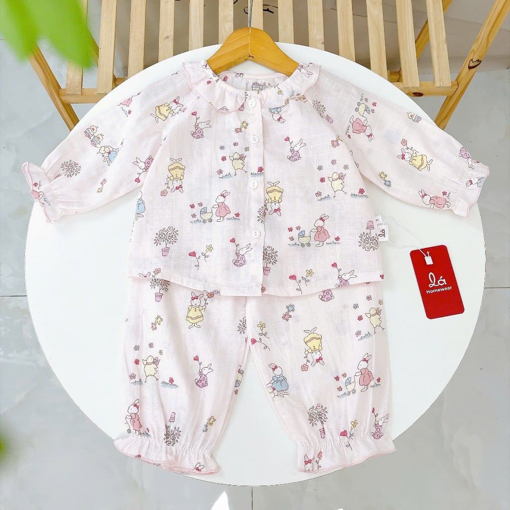  Đồ dài tay bé gái xô cotton Lá Homewear XCL17, bộ ngủ cho bé mềm mát thấm hút, pizama trẻ em 