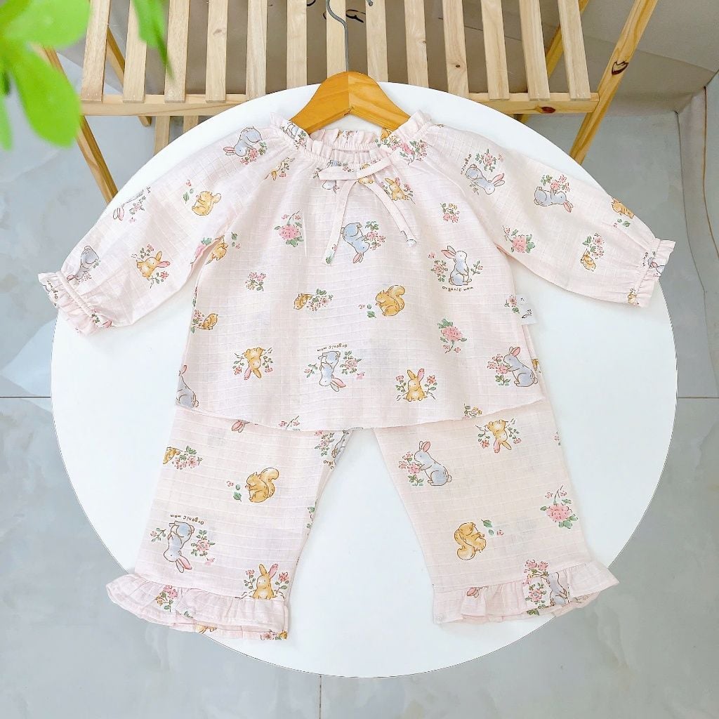  Bộ dài tay bé gái xô cotton Lá Homewear A313, pijama trẻ em gái mặc ngủ thoáng mát babydoll cổ chun dễ thương 