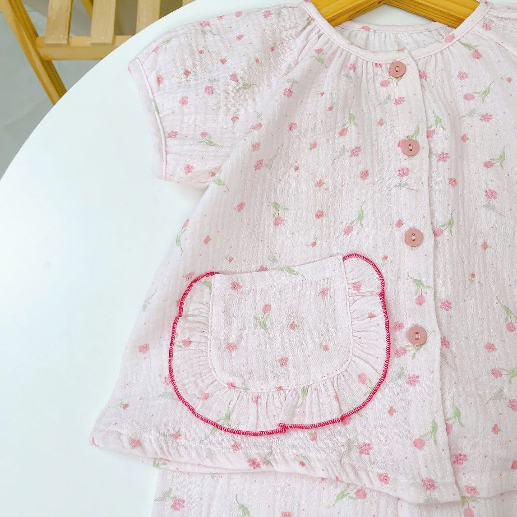  Bộ đồ ngủ bé gái tay ngắn xô muslin Lá Homewear A367, đồ dài mặc ngủ cho bé cộc tay capybara, kỳ lân dễ thương 