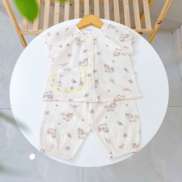  Bộ đồ ngủ bé gái tay ngắn xô muslin Lá Homewear A367, đồ dài mặc ngủ cho bé cộc tay capybara, kỳ lân dễ thương 