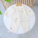  Bộ dài tay cho bé gái xô muslin A338, đồ ngủ cho bé babydoll họa tiết hoa thỏ dễ thương, quần bo chun thoải mái 