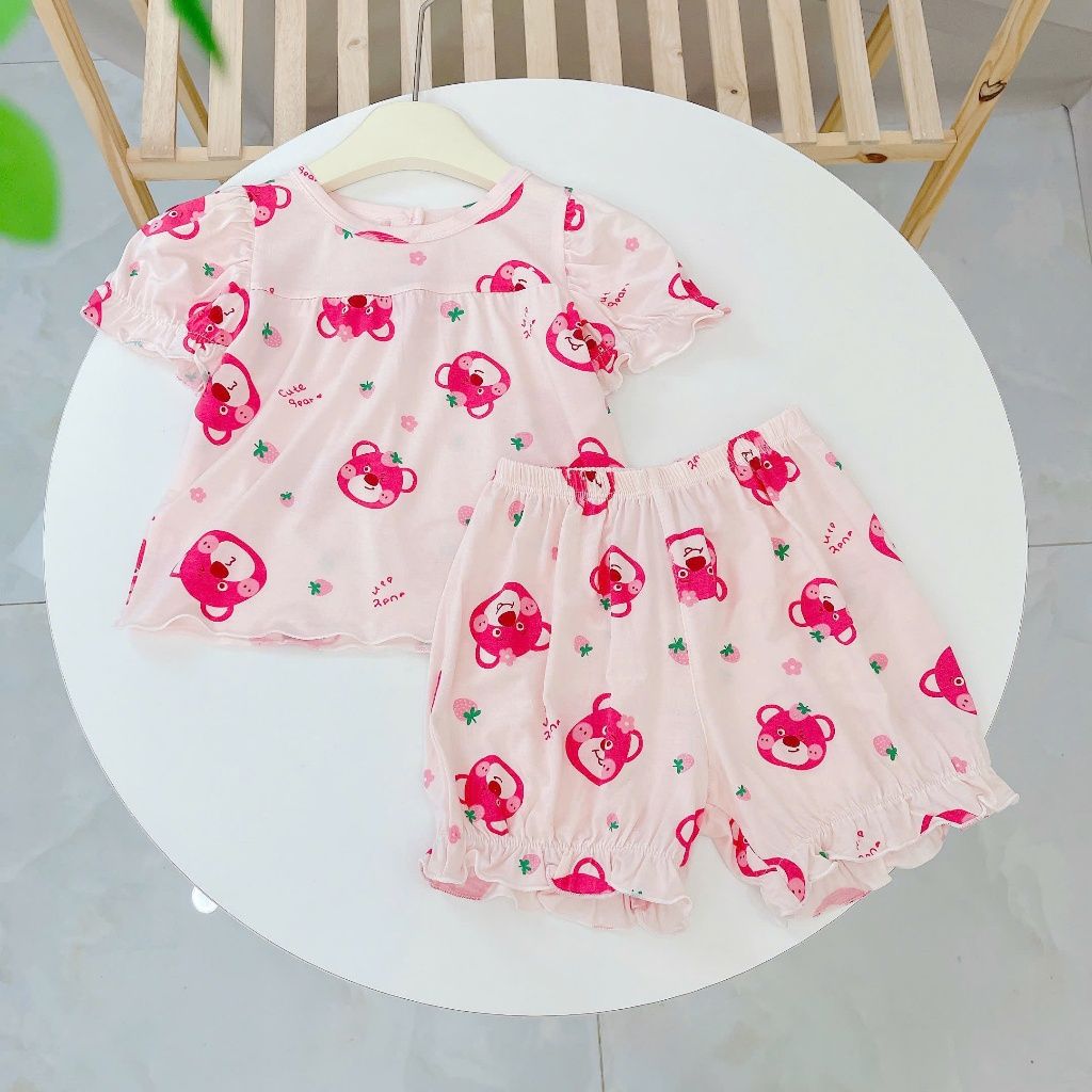  Bộ đùi bé gái 95% sợi sồi Modal Ice Cool Lá Homewear A311, bộ cộc tay bé gái gấu dâu mềm mát lạnh quần bí 