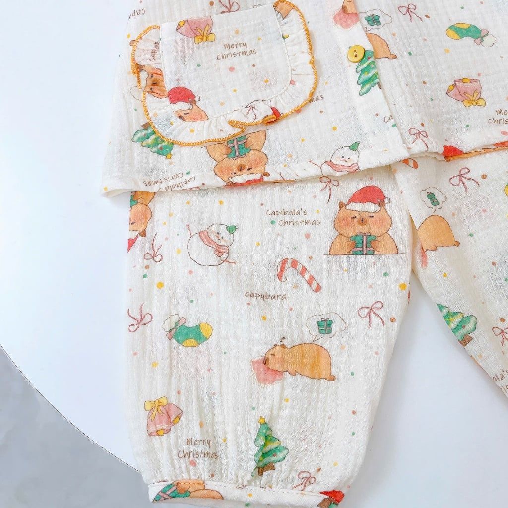  Bộ đồ ngủ bé gái tay ngắn xô muslin Lá Homewear A367, đồ dài mặc ngủ cho bé cộc tay capybara, kỳ lân dễ thương 