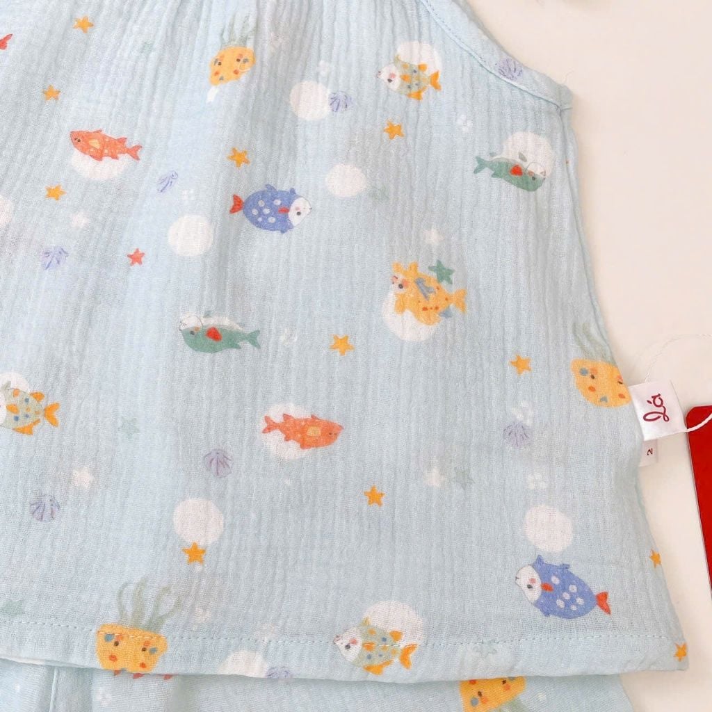  Bộ đùi áo yếm bé gái xô muslin XM02 Lá Homewear, bộ hai dây mùa hè mát nhẹ cho bé 