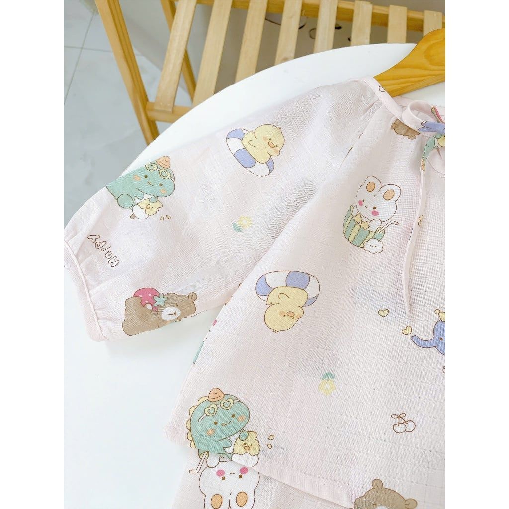  Pijama bé gái xô cotton Lá Homewear XCL18, đồ bộ dài tay cho bé cột nơ quần bo mặc ngủ mềm mát 