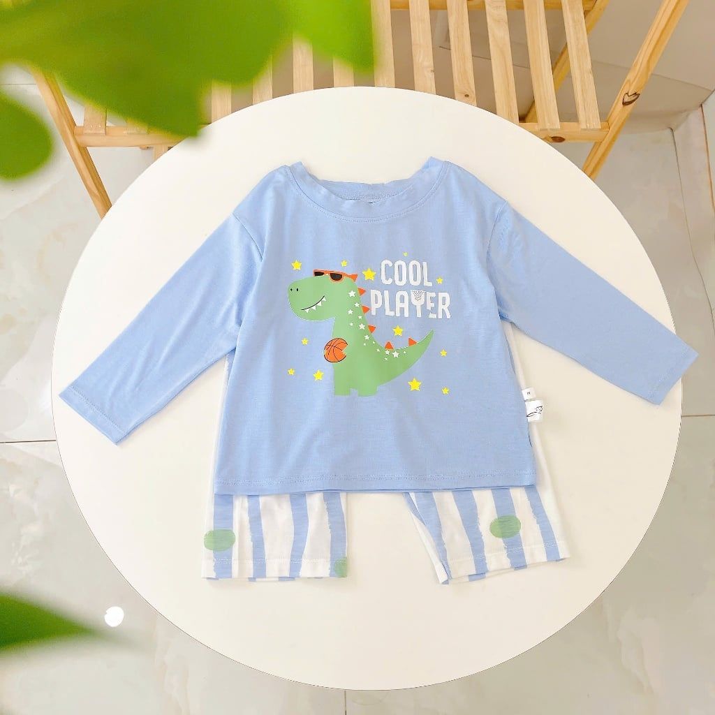 Bộ dài tay cho bé 95% sợi sồi Modal Ice Cool Lá Homewear A376, đồ ngủ mát bé trai gái khủng long kitty dễ thương 
