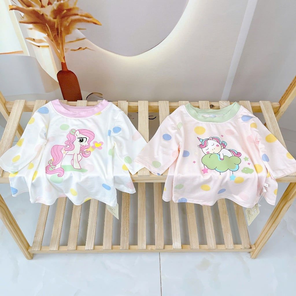  Bộ lửng bé gái 95% sợi sồi Modal Ice Cool Lá Homewear A303, đồ bộ quần lỡ bé gái họa tiết kỳ lân unicorn 