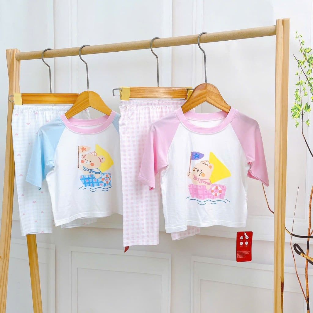  Đồ bộ ngủ cho bé sợi sồi Modal Lá Homewear MOD2, đồ bộ tay lửng quần dài raglan phối màu caro 