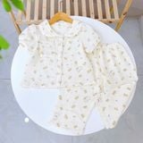  Đồ ngủ cho bé gái tay ngắn quần dài xô muslin Lá Homewear A319, pijama cổ sen viền ren hoa nhí xinh 