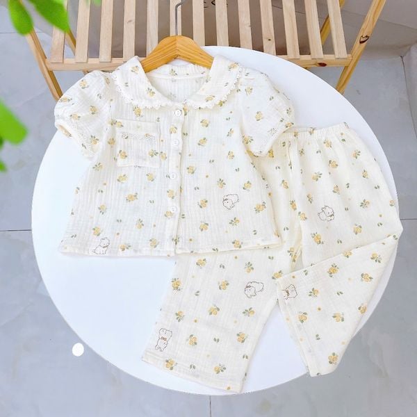  Đồ ngủ cho bé gái tay ngắn quần dài xô muslin Lá Homewear A319, pijama cổ sen viền ren hoa nhí xinh 