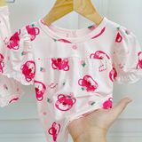  Bộ đùi bé gái 95% sợi sồi Modal Ice Cool Lá Homewear A311, bộ cộc tay bé gái gấu dâu mềm mát lạnh quần bí 