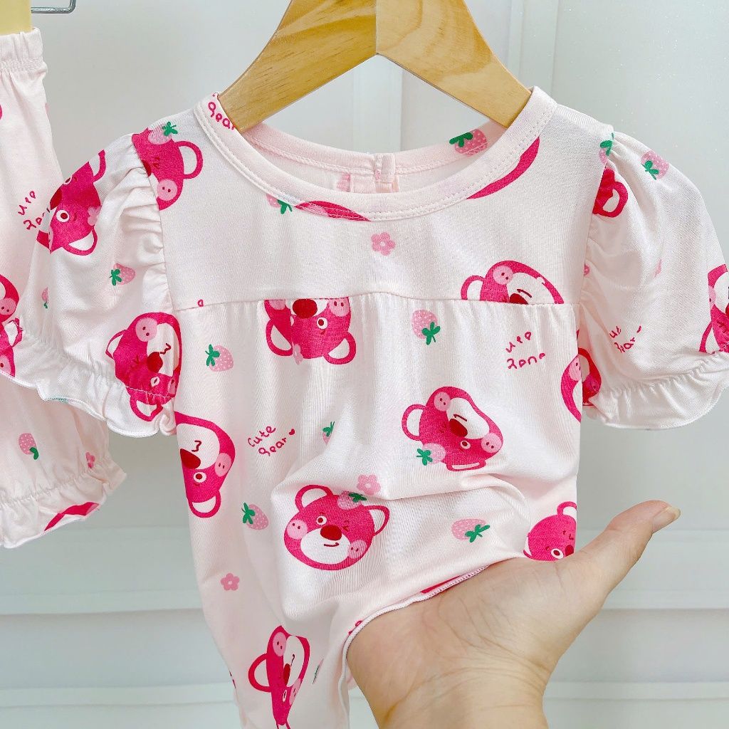  Bộ đùi bé gái 95% sợi sồi Modal Ice Cool Lá Homewear A311, bộ cộc tay bé gái gấu dâu mềm mát lạnh quần bí 