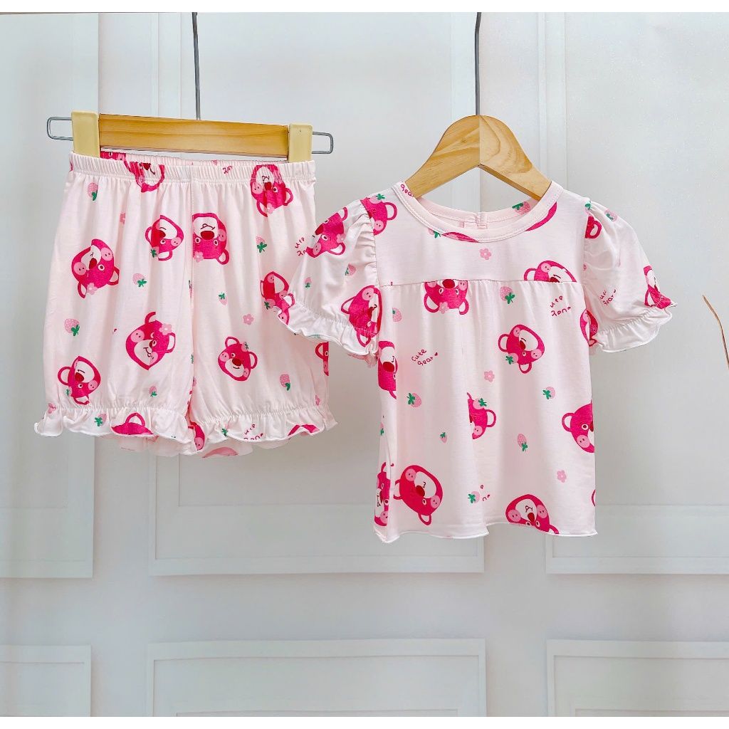  Bộ đùi bé gái 95% sợi sồi Modal Ice Cool Lá Homewear A311, bộ cộc tay bé gái gấu dâu mềm mát lạnh quần bí 