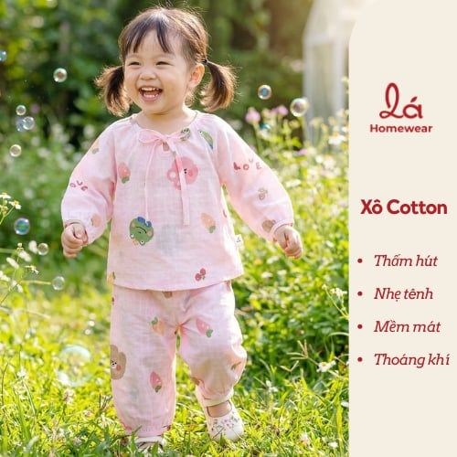 Pijama bé gái xô cotton Lá Homewear XCL18, đồ bộ dài tay cho bé cột nơ quần bo mặc ngủ mềm mát 