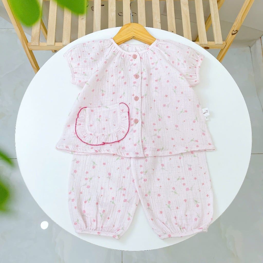  Bộ đồ ngủ bé gái tay ngắn xô muslin Lá Homewear A367, đồ dài mặc ngủ cho bé cộc tay capybara, kỳ lân dễ thương 
