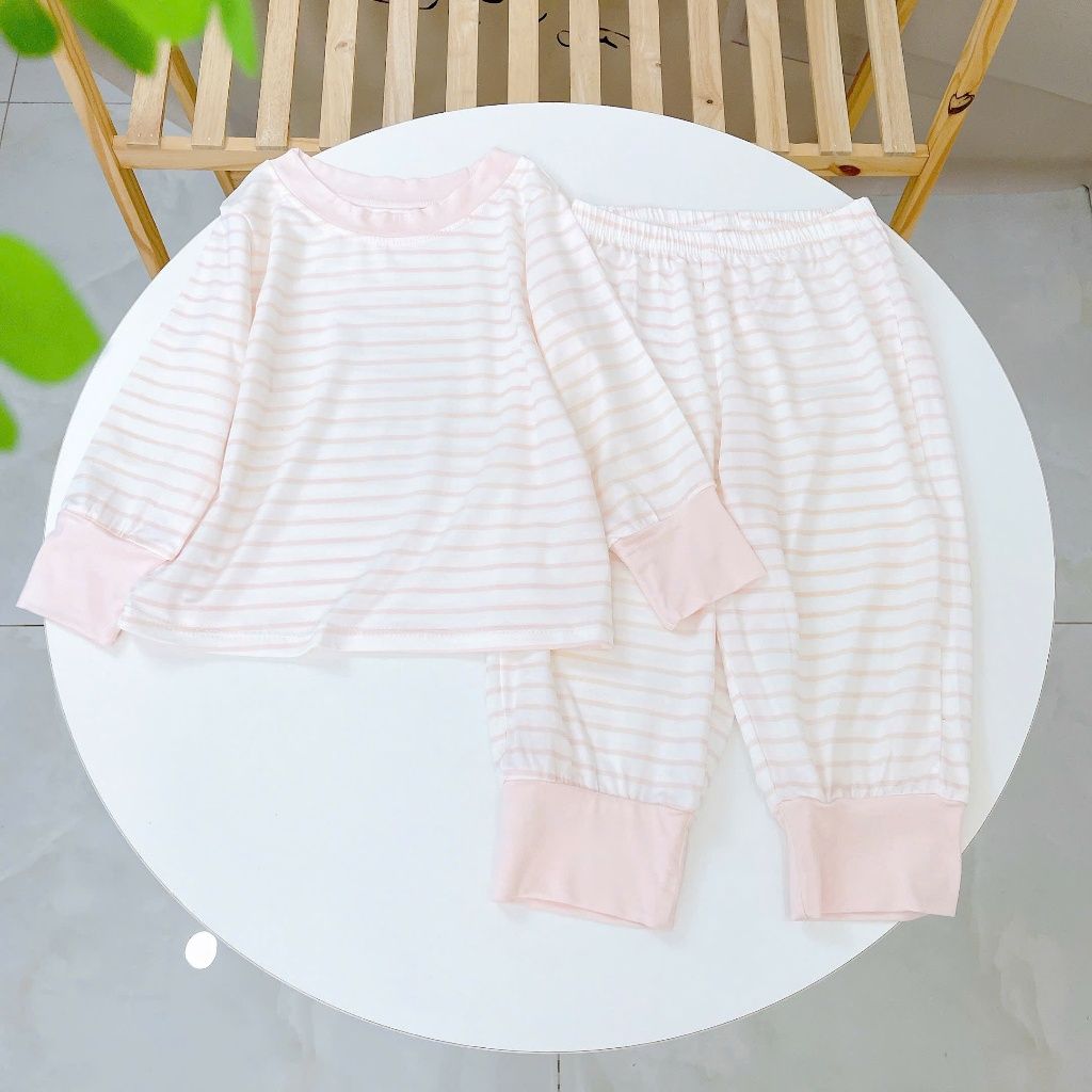  Bộ dài tay cho bé 95% sợi sồi Modal Ice Cool Lá Homewear A340, đồ bô ngủ trai gái mát mềm sọc ngang pastel xinh xắn 