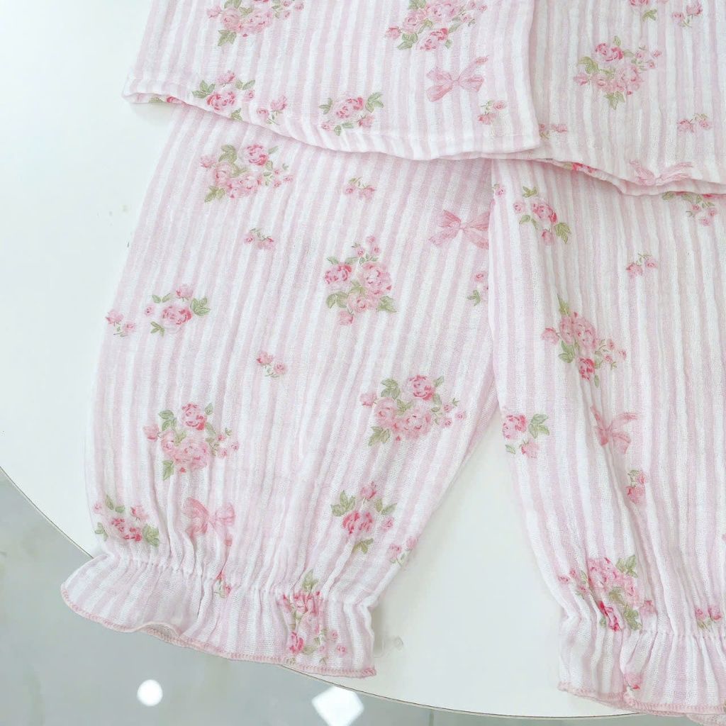  Bộ dài tay cho bé gái xô muslin A338, đồ ngủ cho bé babydoll họa tiết hoa thỏ dễ thương, quần bo chun thoải mái 