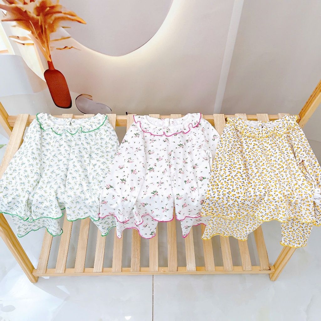  Đồ dài tay bé gái 95% sợi sồi Modal Ice Cool Lá Homewear A321, pijama cho bé hoa nhí cổ bèo xinh xắn 