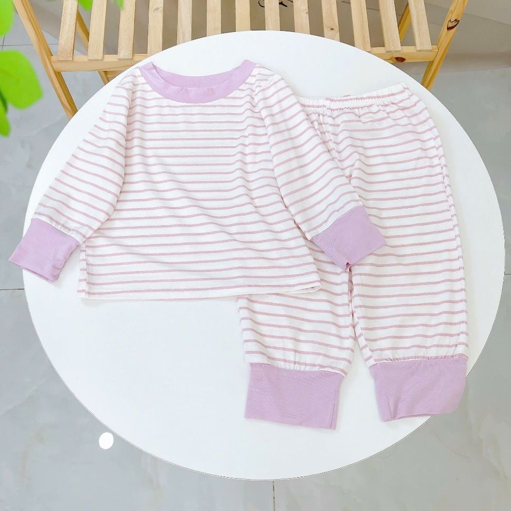  Bộ dài tay cho bé 95% sợi sồi Modal Ice Cool Lá Homewear A340, đồ bô ngủ trai gái mát mềm sọc ngang pastel xinh xắn 