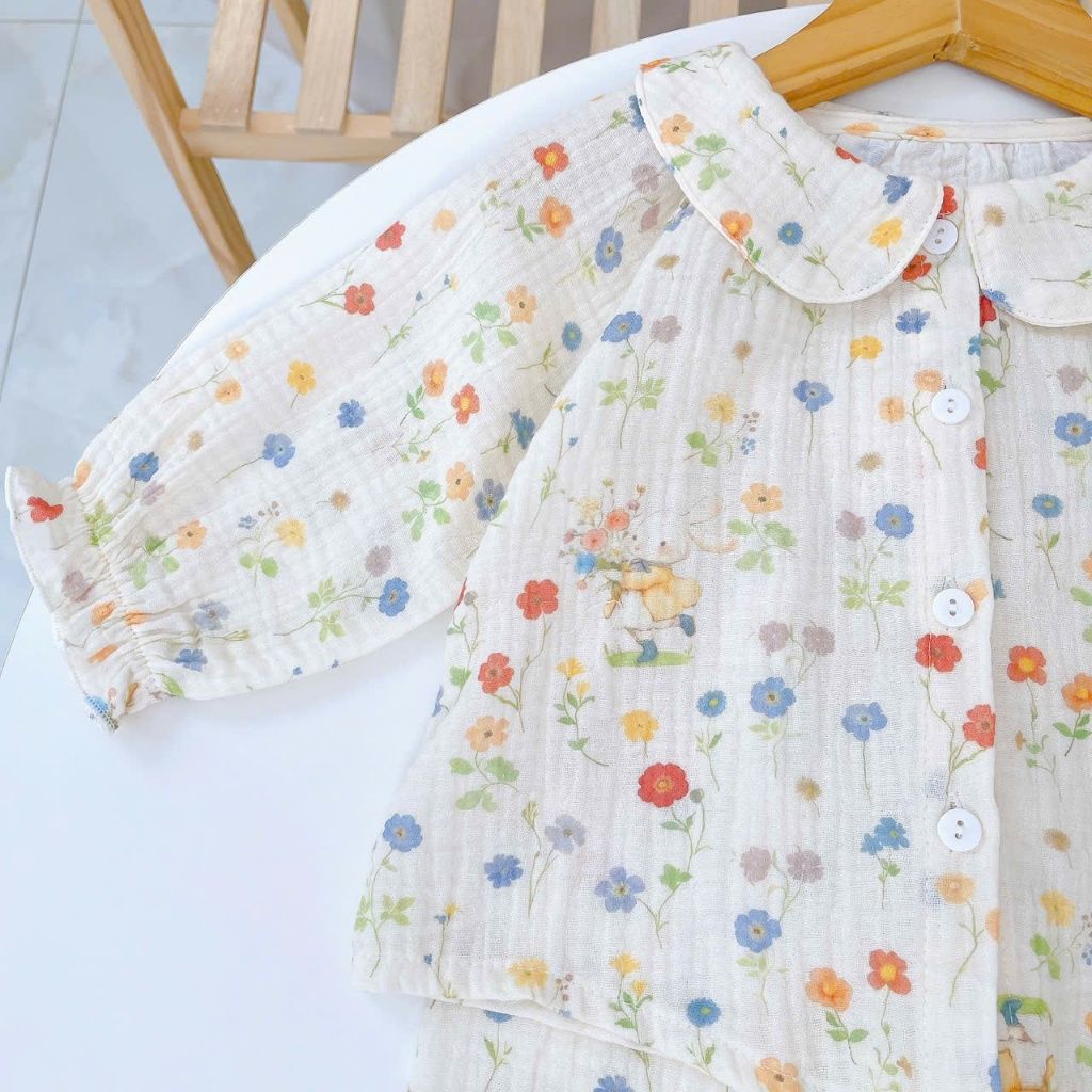  Bộ dài tay cho bé gái xô muslin A338, đồ ngủ cho bé babydoll họa tiết hoa thỏ dễ thương, quần bo chun thoải mái 