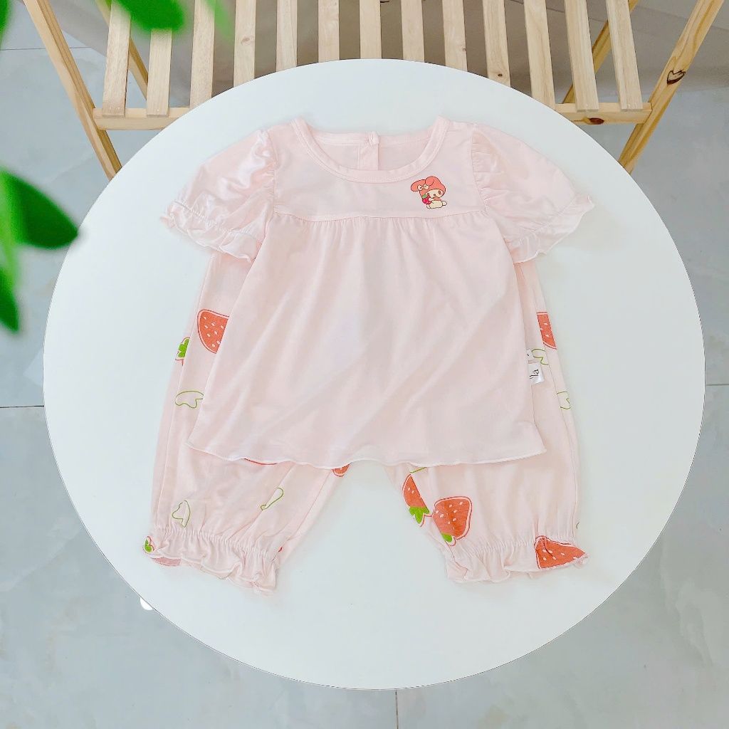  Bộ tay ngắn quần dài bé gái 95% sợi sồi Modal Ice Cool Lá Homewear A310, đồ ngủ cộc tay cho bé quần bí dễ thương melody 