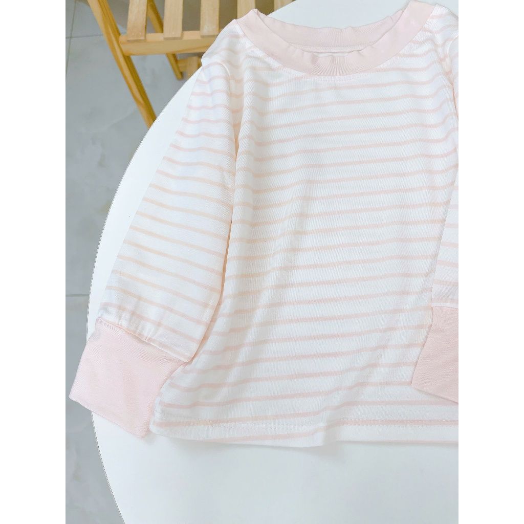  Bộ dài tay cho bé 95% sợi sồi Modal Ice Cool Lá Homewear A340, đồ bô ngủ trai gái mát mềm sọc ngang pastel xinh xắn 