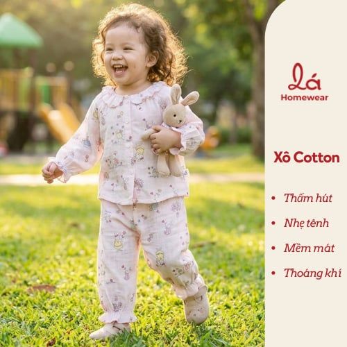  Đồ dài tay bé gái xô cotton Lá Homewear XCL17, bộ ngủ cho bé mềm mát thấm hút, pizama trẻ em 